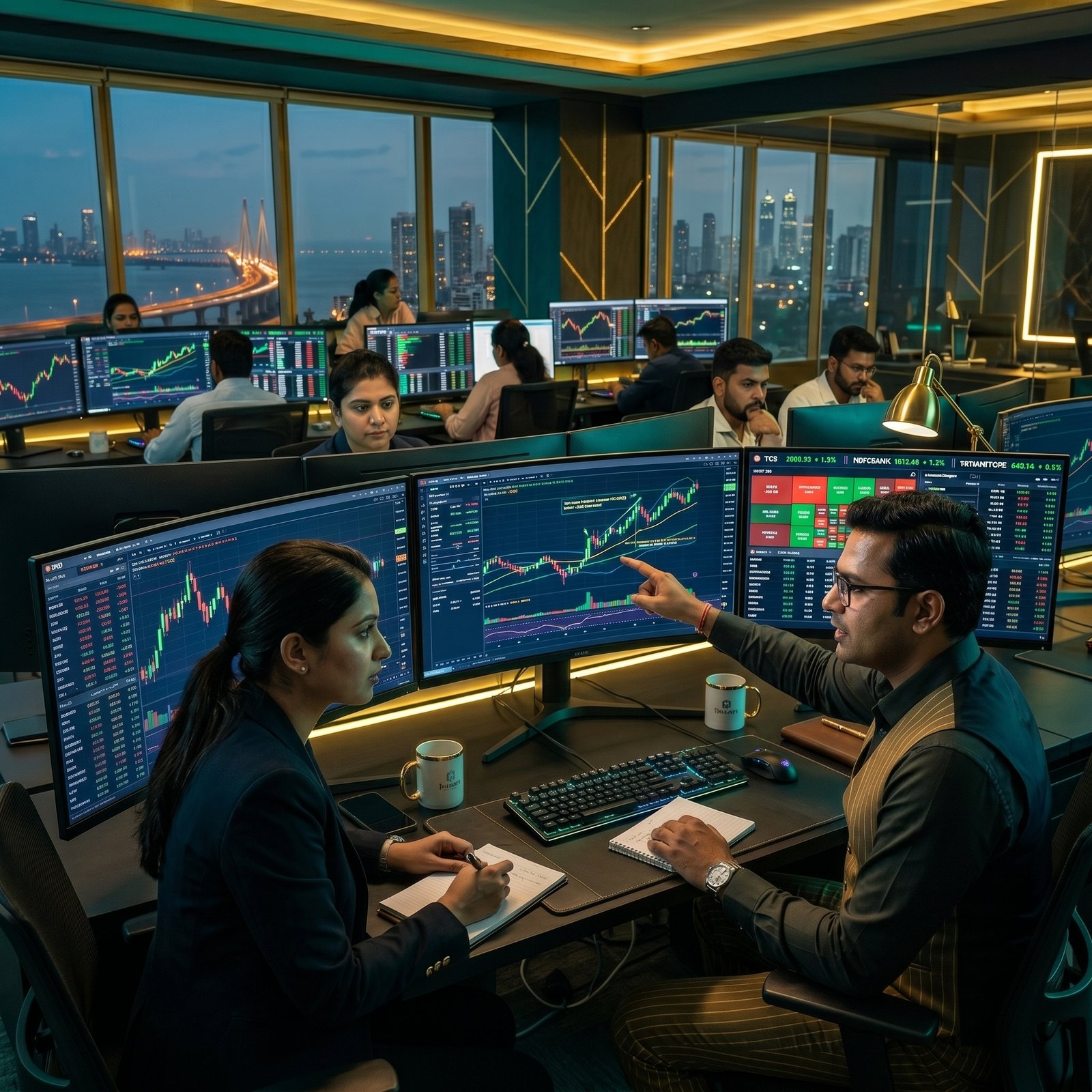 Stock Scholars professional trading environment — students and mentors analysing live NSE charts on multi-screen setup in Faridabad institute